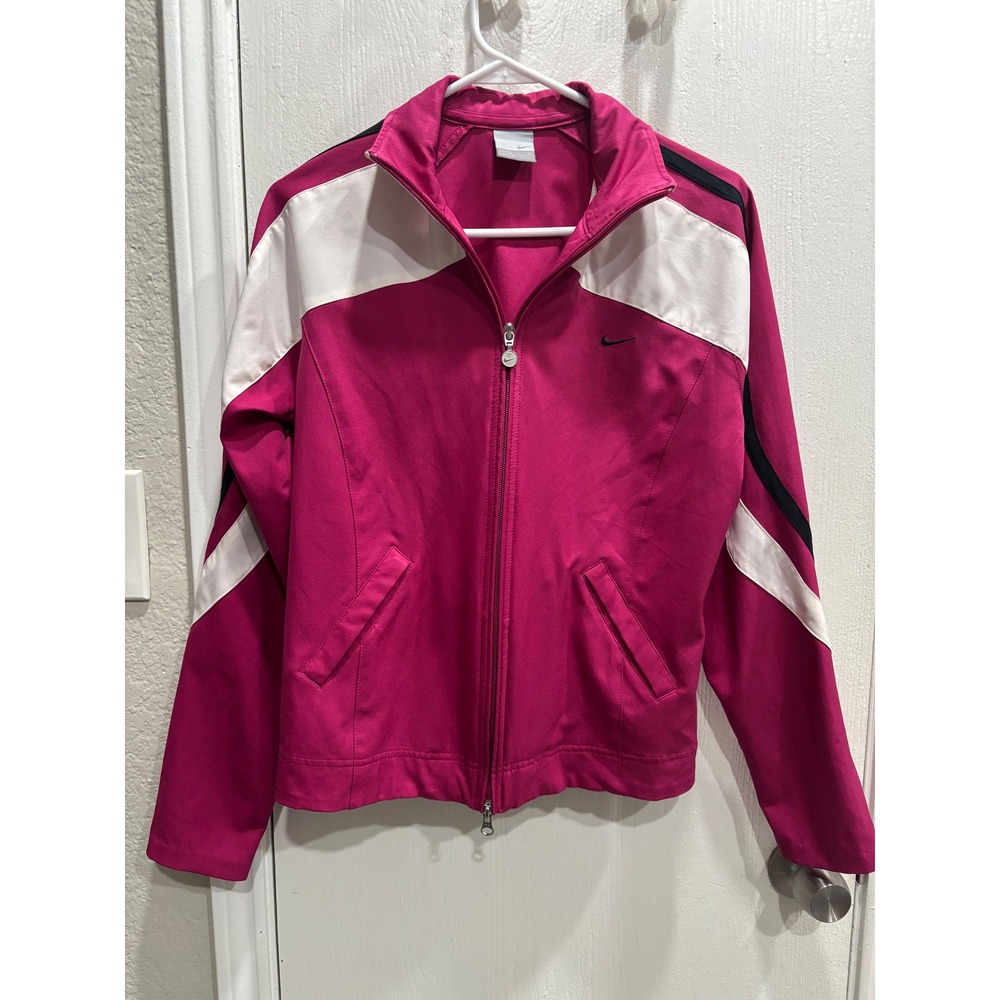 Nike Womens Track Jacket Magenta Pink White Black Colorblock Full Zip Large